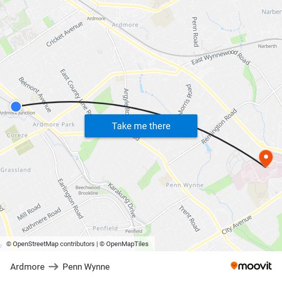 Ardmore to Penn Wynne map