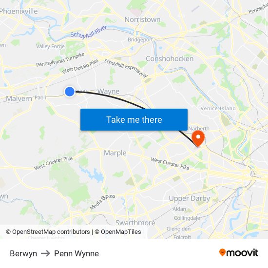 Berwyn to Penn Wynne map