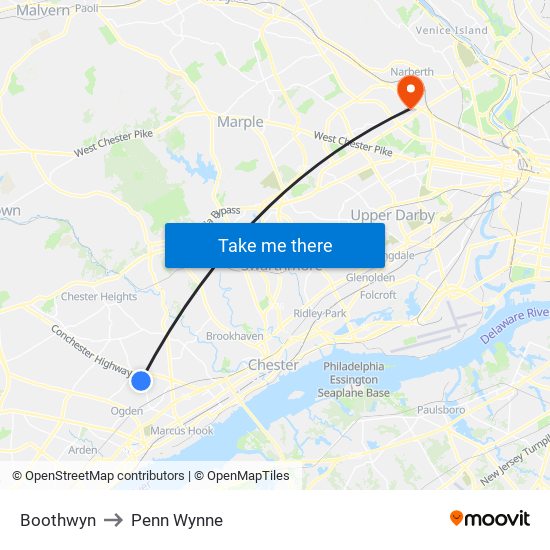Boothwyn to Penn Wynne map