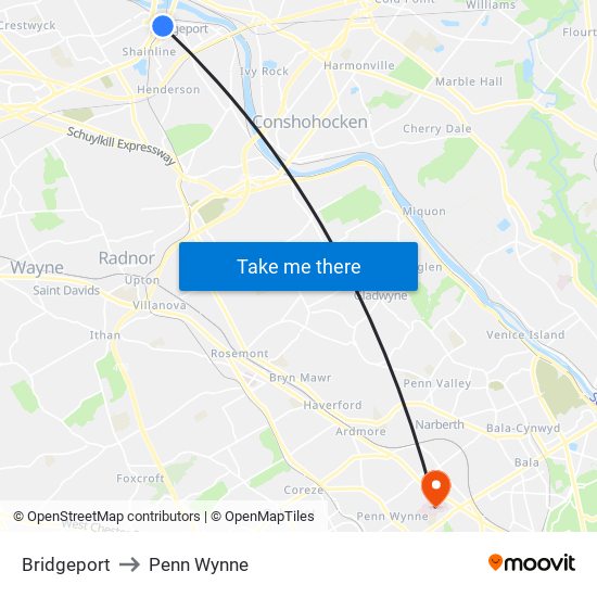 Bridgeport to Penn Wynne map