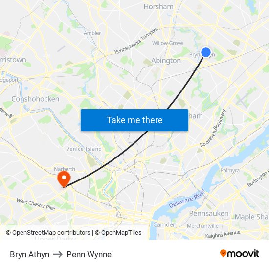 Bryn Athyn to Penn Wynne map