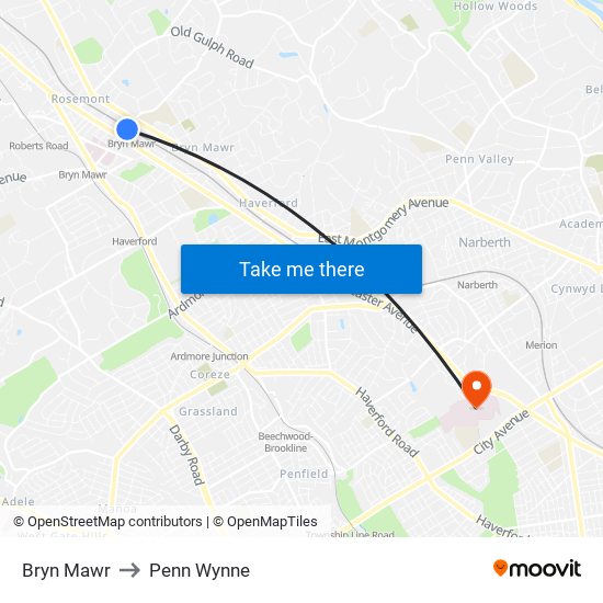 Bryn Mawr to Penn Wynne map