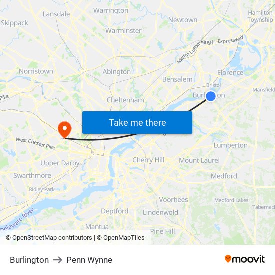 Burlington to Penn Wynne map