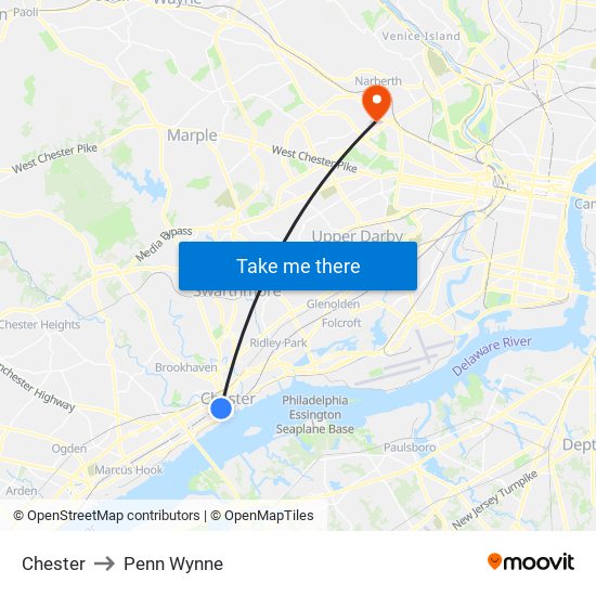 Chester to Penn Wynne map