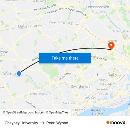 Cheyney University to Penn Wynne map