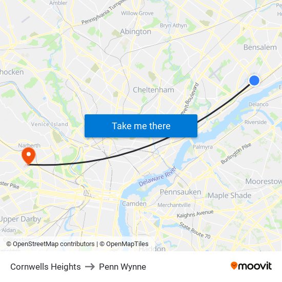 Cornwells Heights to Penn Wynne map
