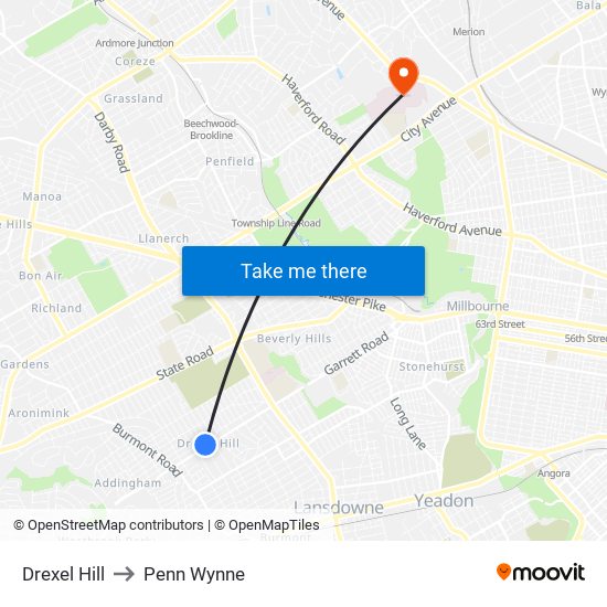 Drexel Hill to Penn Wynne map