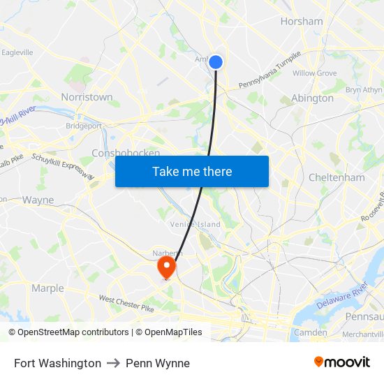 Fort Washington to Penn Wynne map