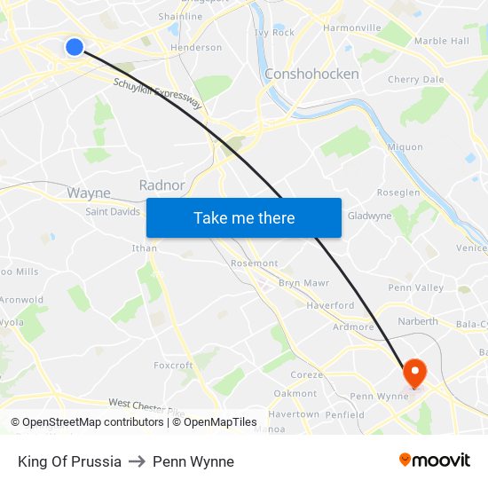 King Of Prussia to Penn Wynne map
