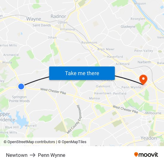 Newtown to Penn Wynne map