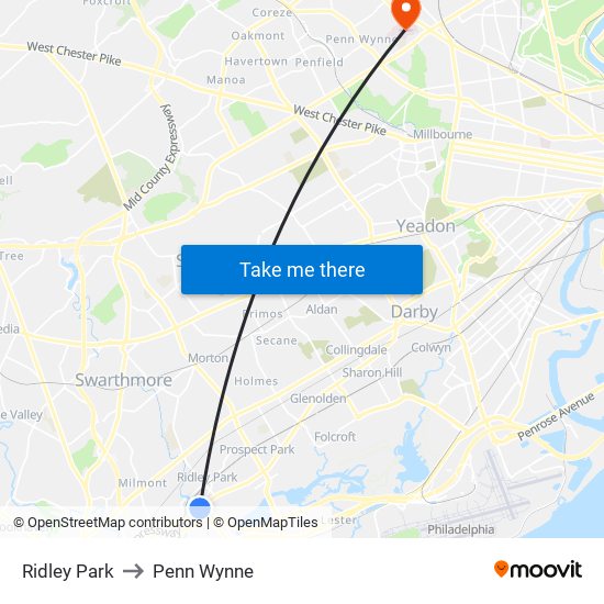 Ridley Park to Penn Wynne map