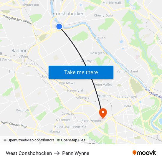 West Conshohocken to Penn Wynne map