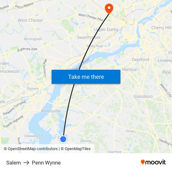 Salem to Penn Wynne map