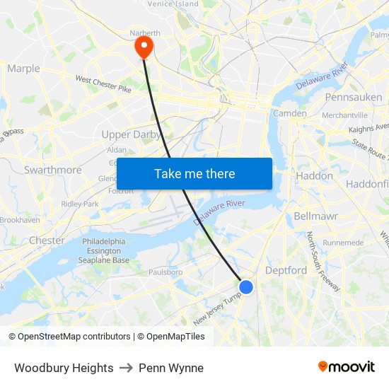 Woodbury Heights to Penn Wynne map