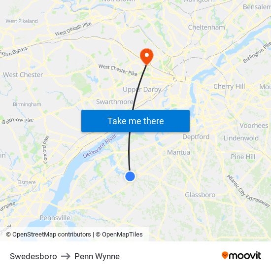 Swedesboro to Penn Wynne map