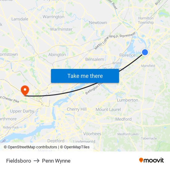 Fieldsboro to Penn Wynne map