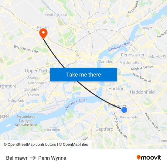 Bellmawr to Penn Wynne map
