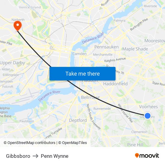 Gibbsboro to Penn Wynne map