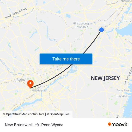 New Brunswick to Penn Wynne map
