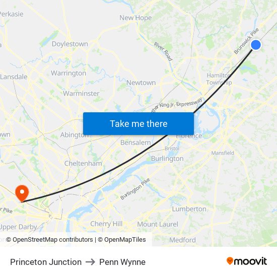 Princeton Junction to Penn Wynne map