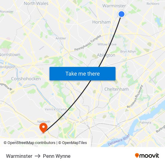 Warminster to Penn Wynne map