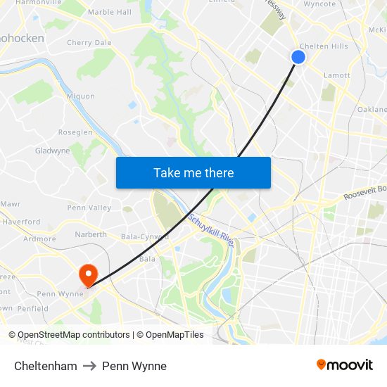 Cheltenham to Penn Wynne map