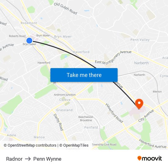 Radnor to Penn Wynne map