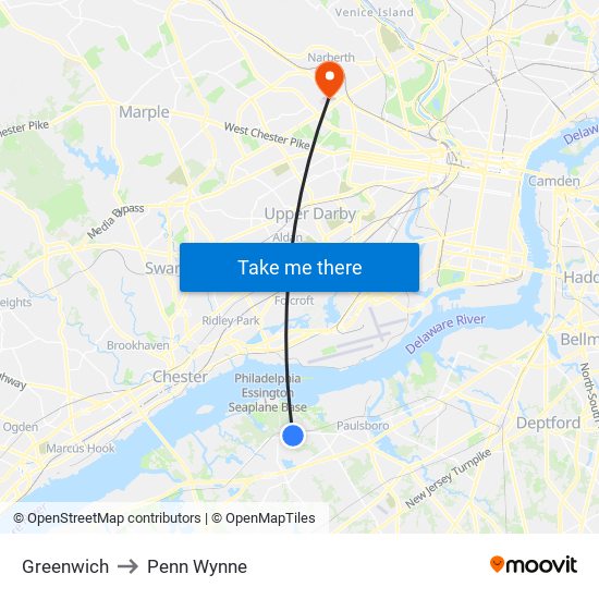 Greenwich to Penn Wynne map