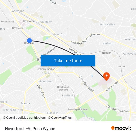 Haverford to Penn Wynne map