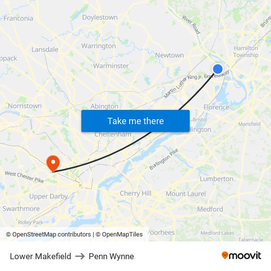 Lower Makefield to Penn Wynne map