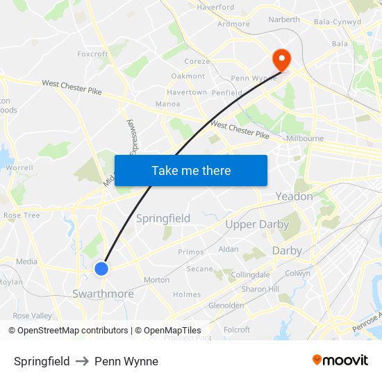 Springfield to Penn Wynne map