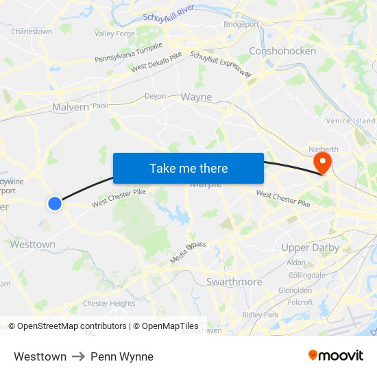 Westtown to Penn Wynne map