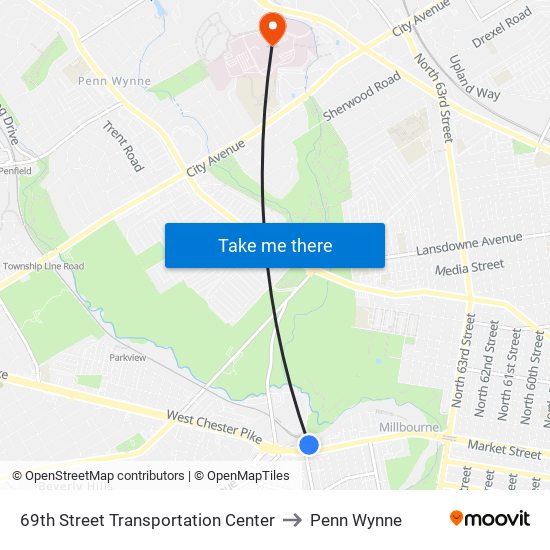 69th Street Transportation Center to Penn Wynne map