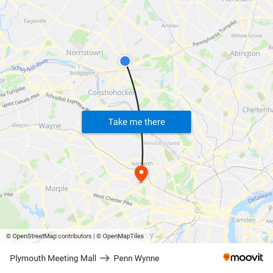 Plymouth Meeting Mall to Penn Wynne map