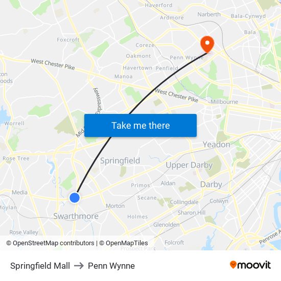 Springfield Mall to Penn Wynne map