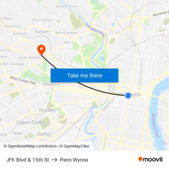 JFK Blvd & 15th St to Penn Wynne map