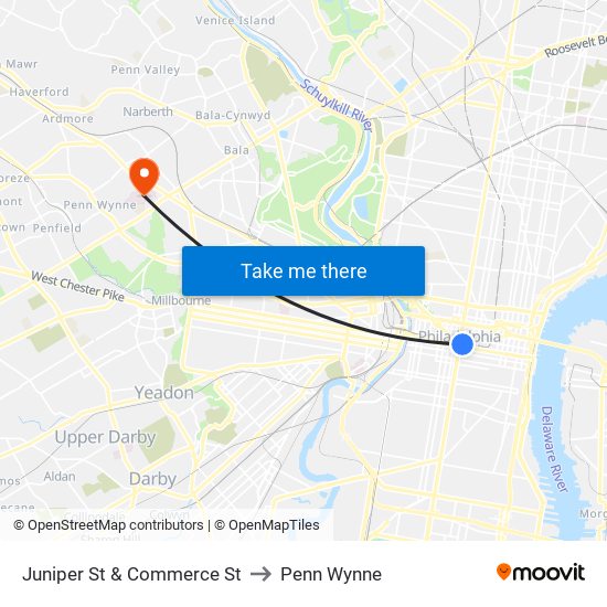 Juniper St & Commerce St to Penn Wynne map