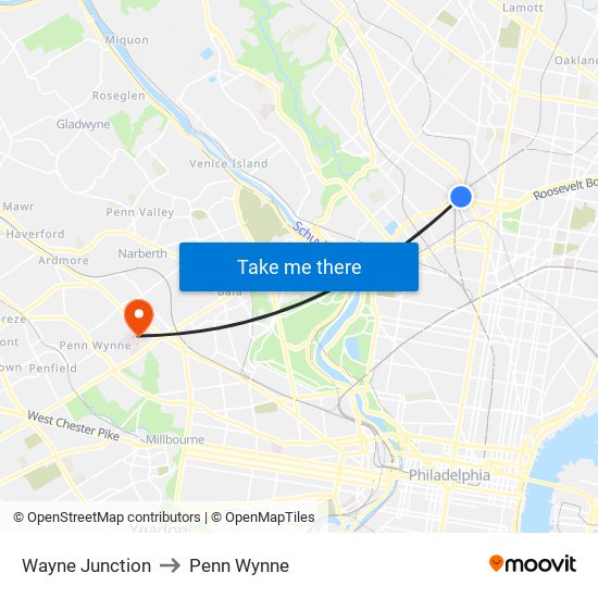 Wayne Junction to Penn Wynne map