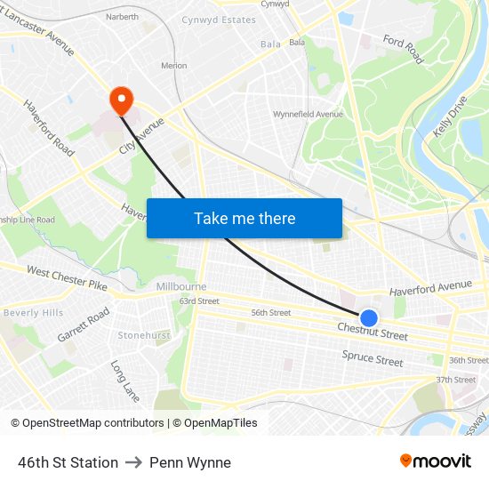 46th St Station to Penn Wynne map