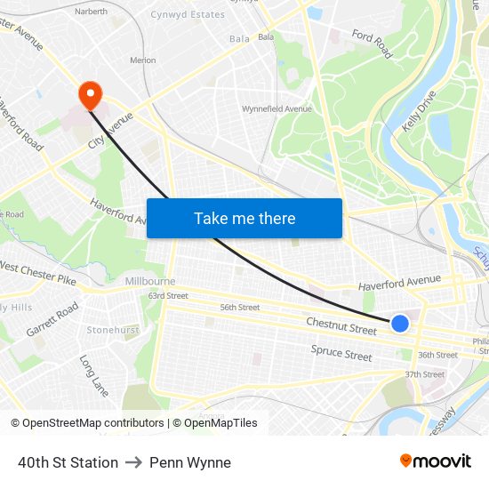 40th St Station to Penn Wynne map