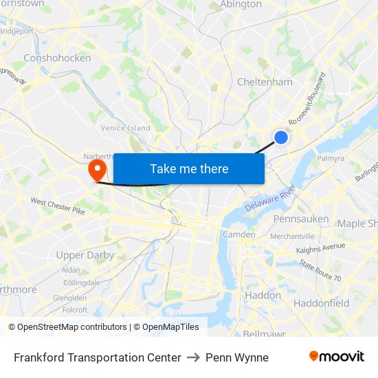 Frankford Transportation Center to Penn Wynne map