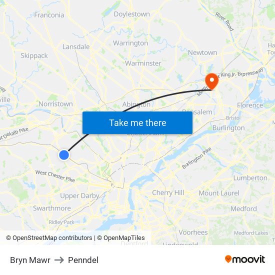Bryn Mawr to Penndel map