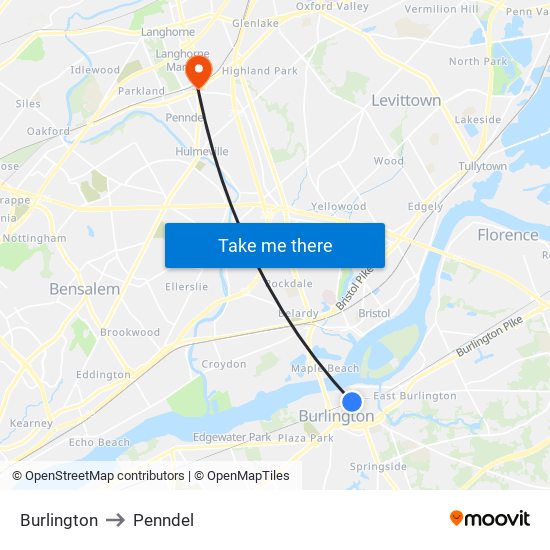 Burlington to Penndel map