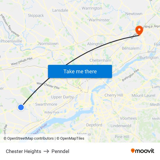 Chester Heights to Penndel map