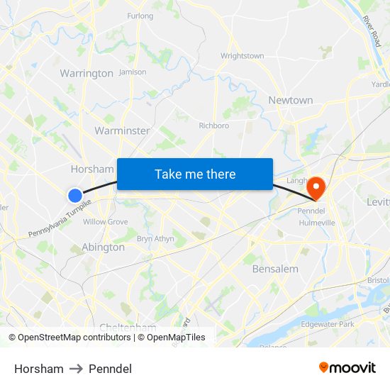 Horsham to Penndel map