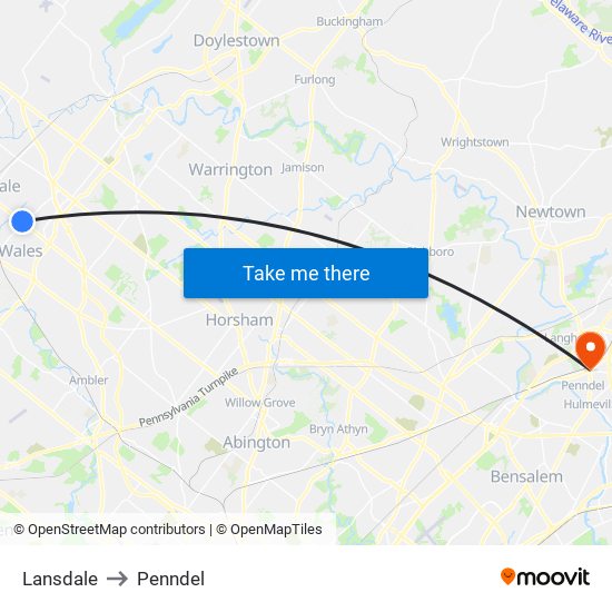 Lansdale to Penndel map