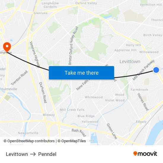 Levittown to Penndel map