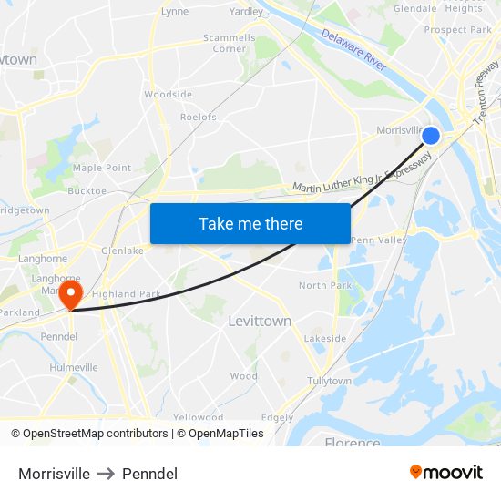 Morrisville to Penndel map