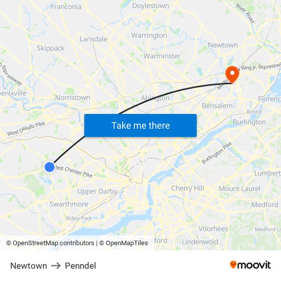 Newtown to Penndel map