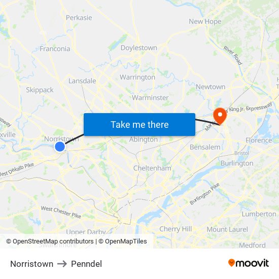 Norristown to Penndel map